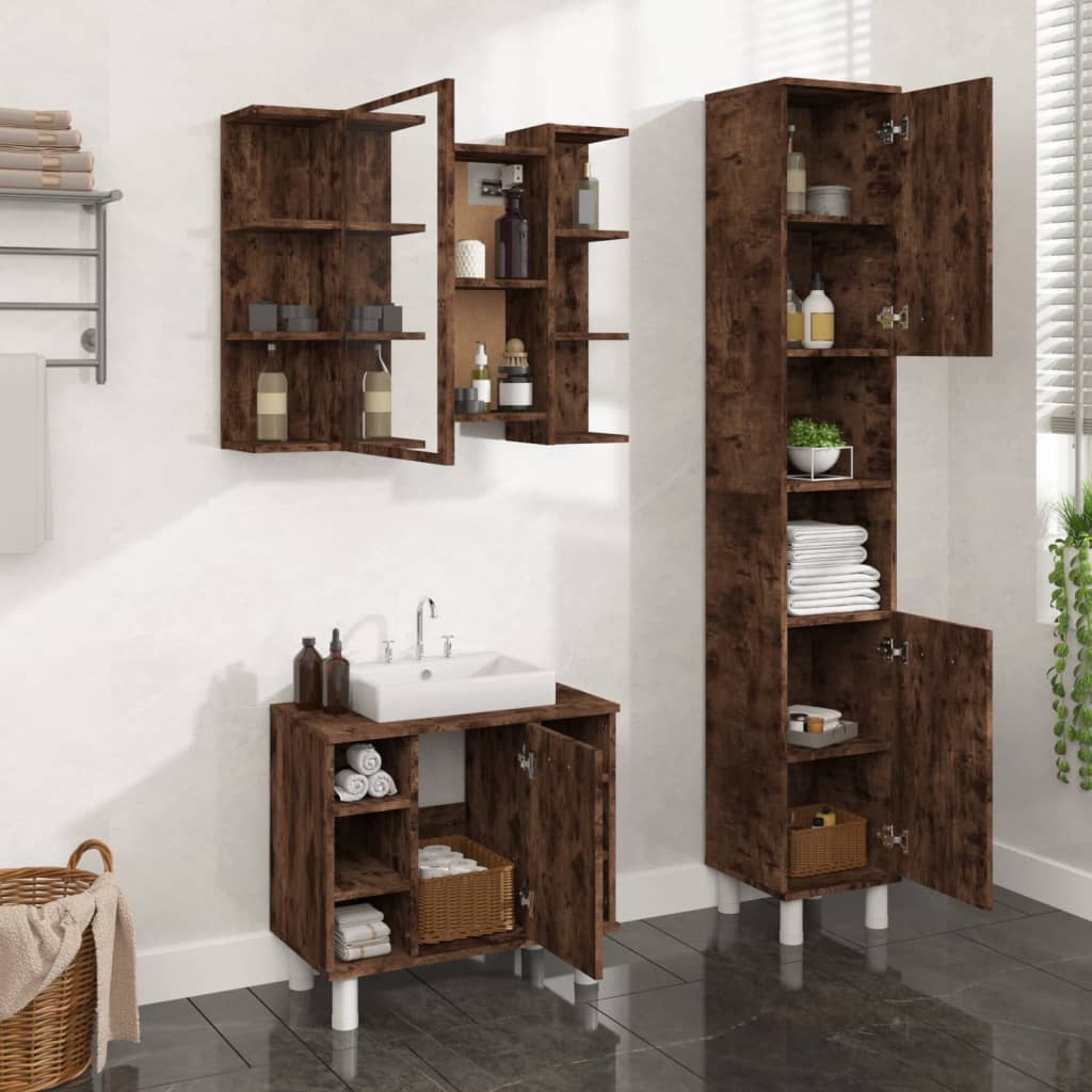 Vetonek Set de muebles baño 3 pzas madera contrachapada roble ahumado