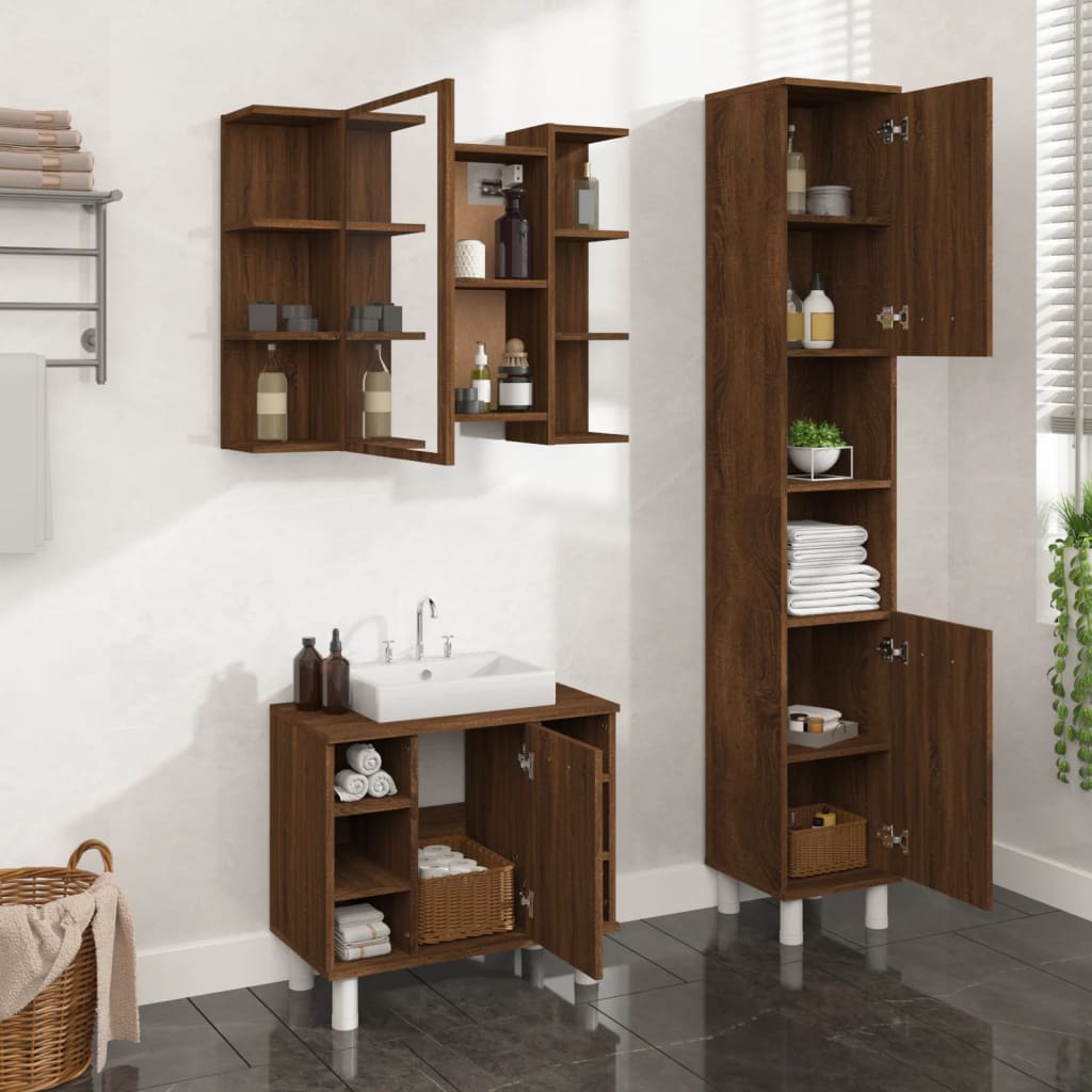 Vetonek Set de muebles de baño 3 pzas madera contrachapada roble marrón