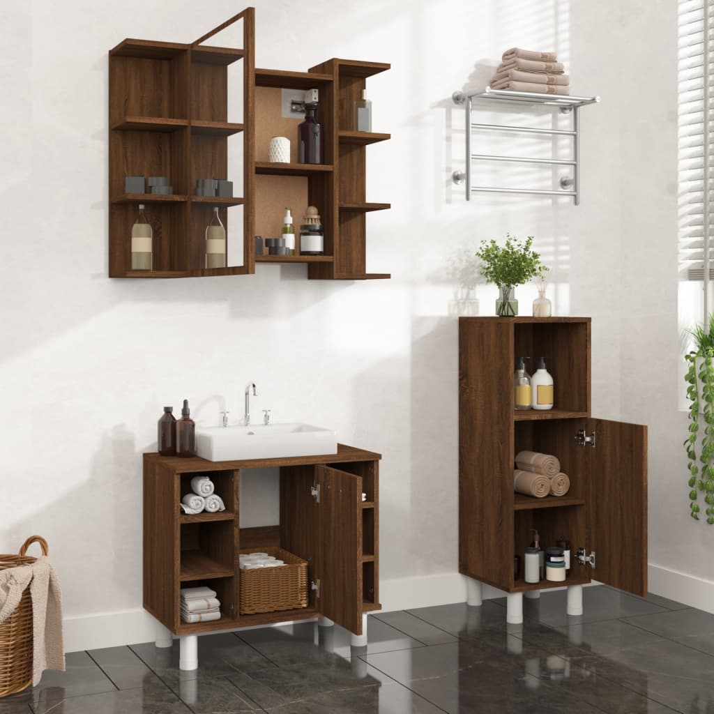 Vetonek Set de muebles de baño 3 pzas madera contrachapada roble marrón