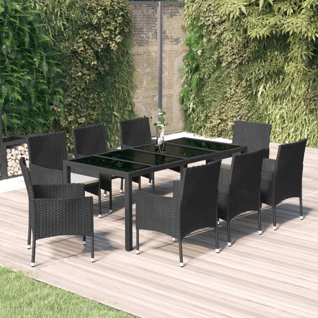 Vetonek Set de comedor de jardín 9 pzas y cojines ratán sintético negro