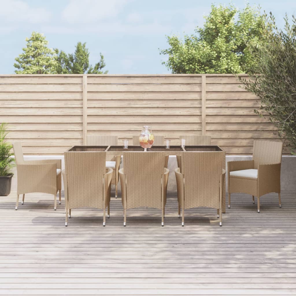 Vetonek Set comedor de jardín 9 pzas con cojines ratán sintético beige