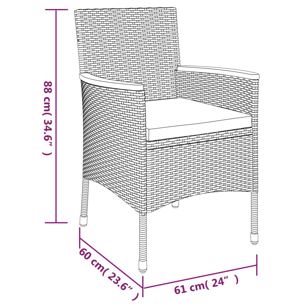 Set comedor de jardín 3 pzas con cojines ratán sintético negro vidaXL