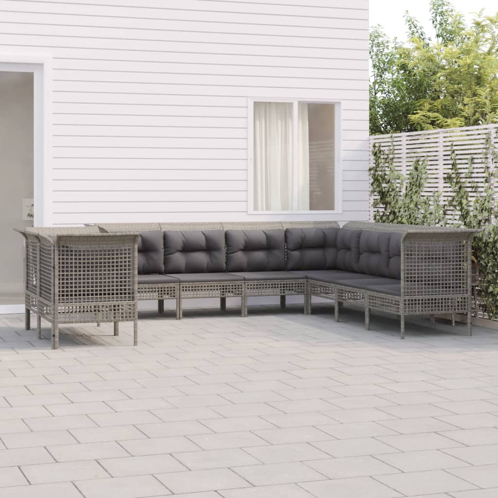 Vetonek Set de muebles de jardín 9 pzas y cojines ratán sintético gris