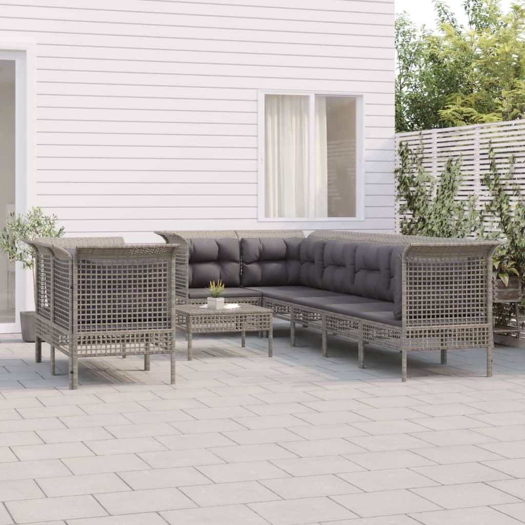 Vetonek Set de muebles de jardín 9 pzas y cojines ratán sintético gris