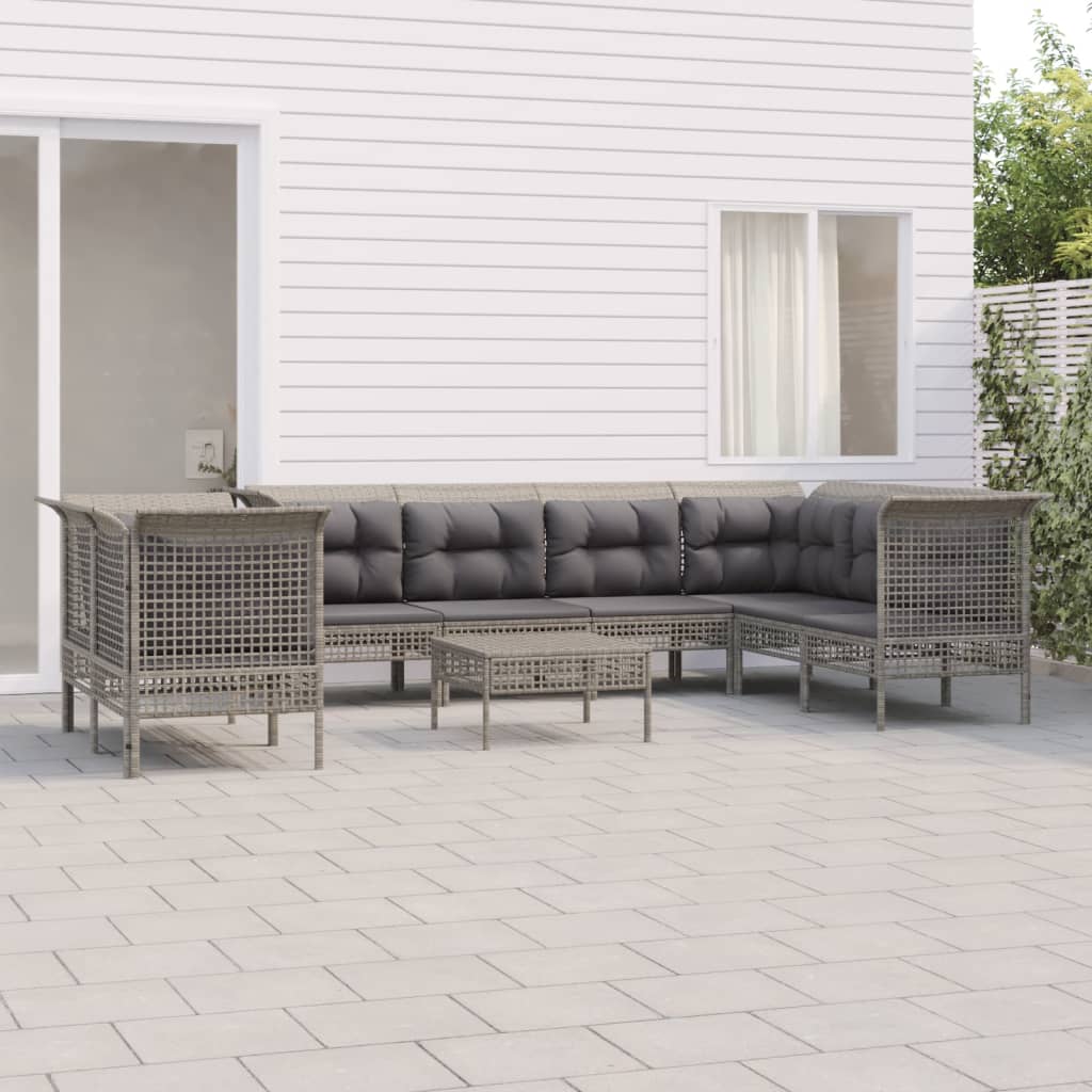 Vetonek Set de muebles de jardín 9 pzas y cojines ratán sintético gris