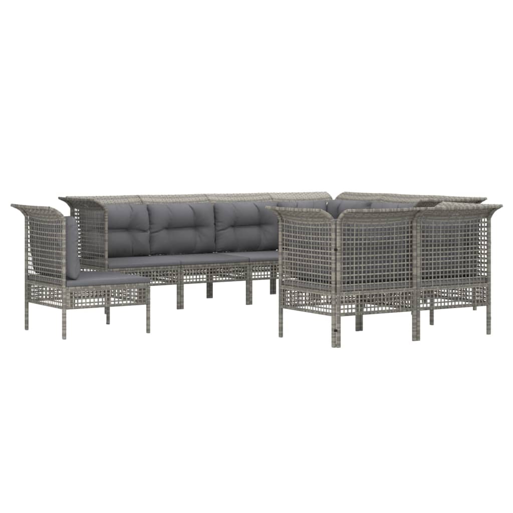 Set de muebles de jardín 9 pzas y cojines ratán sintético gris