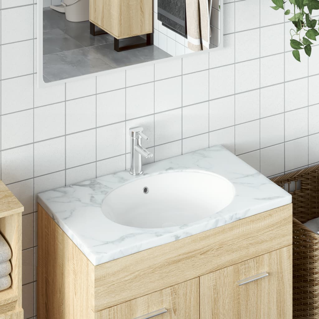 Vetonek Lavabo de baño ovalado cerámica blanco 43x35x19 cm