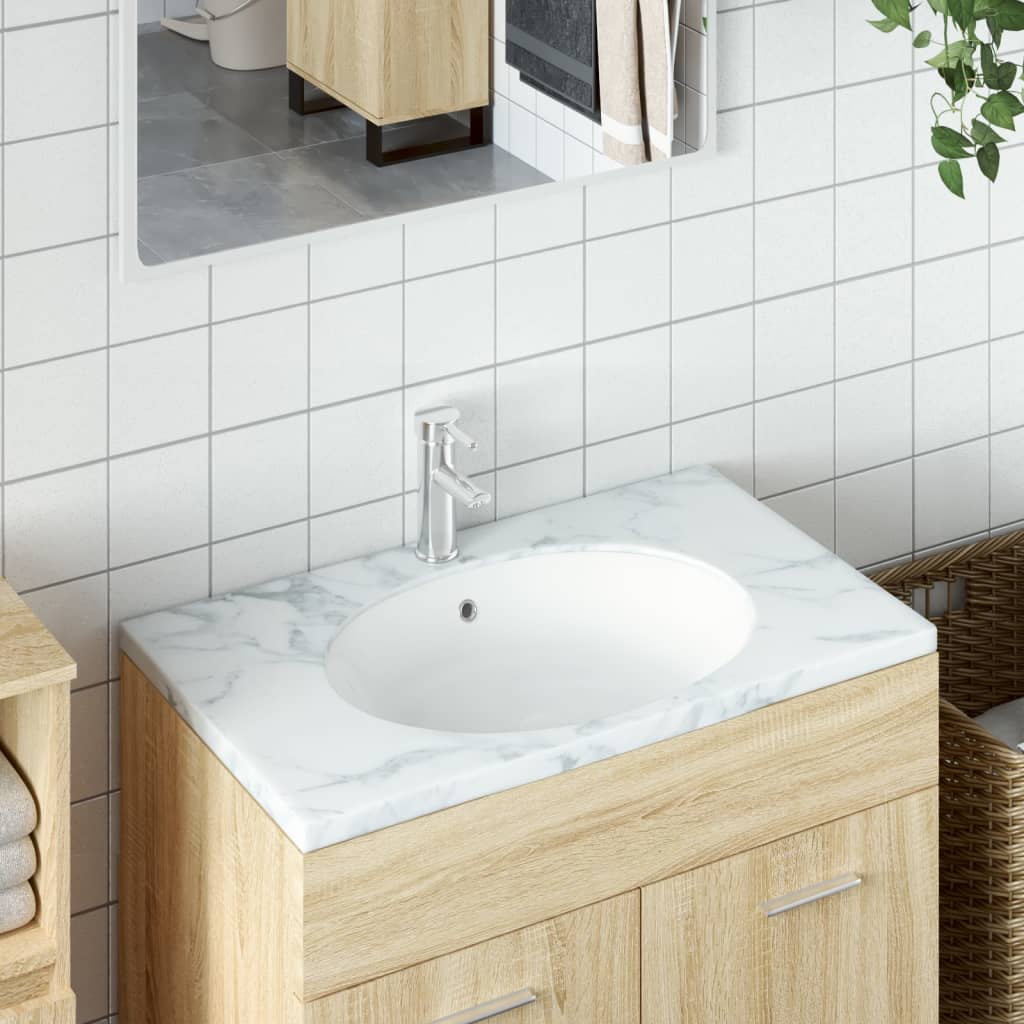 Vetonek Lavabo de baño ovalado cerámica blanco 49x40,5x21 cm