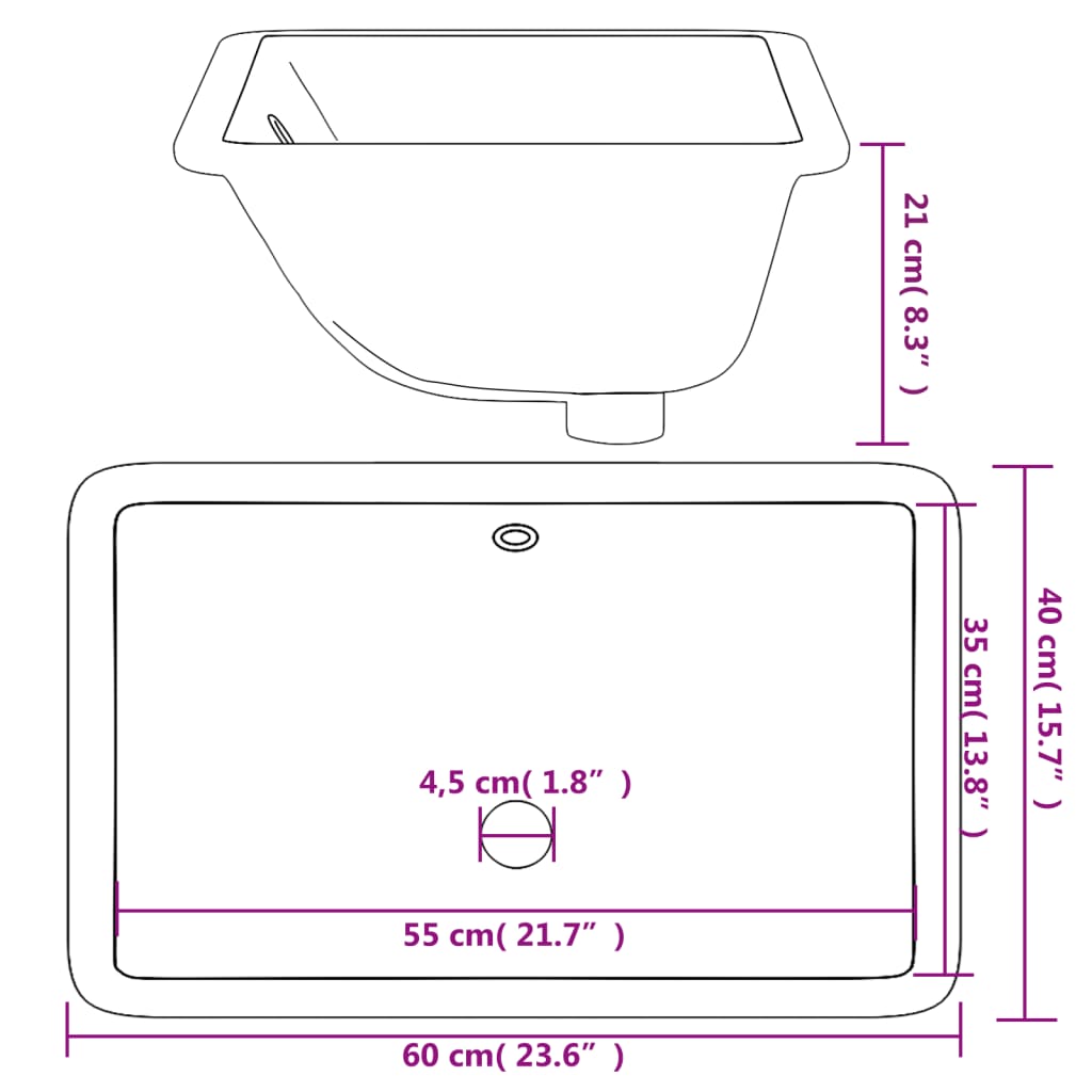 Bagno in ceramica bianca da bagno rettangolare 60x40x21 cm