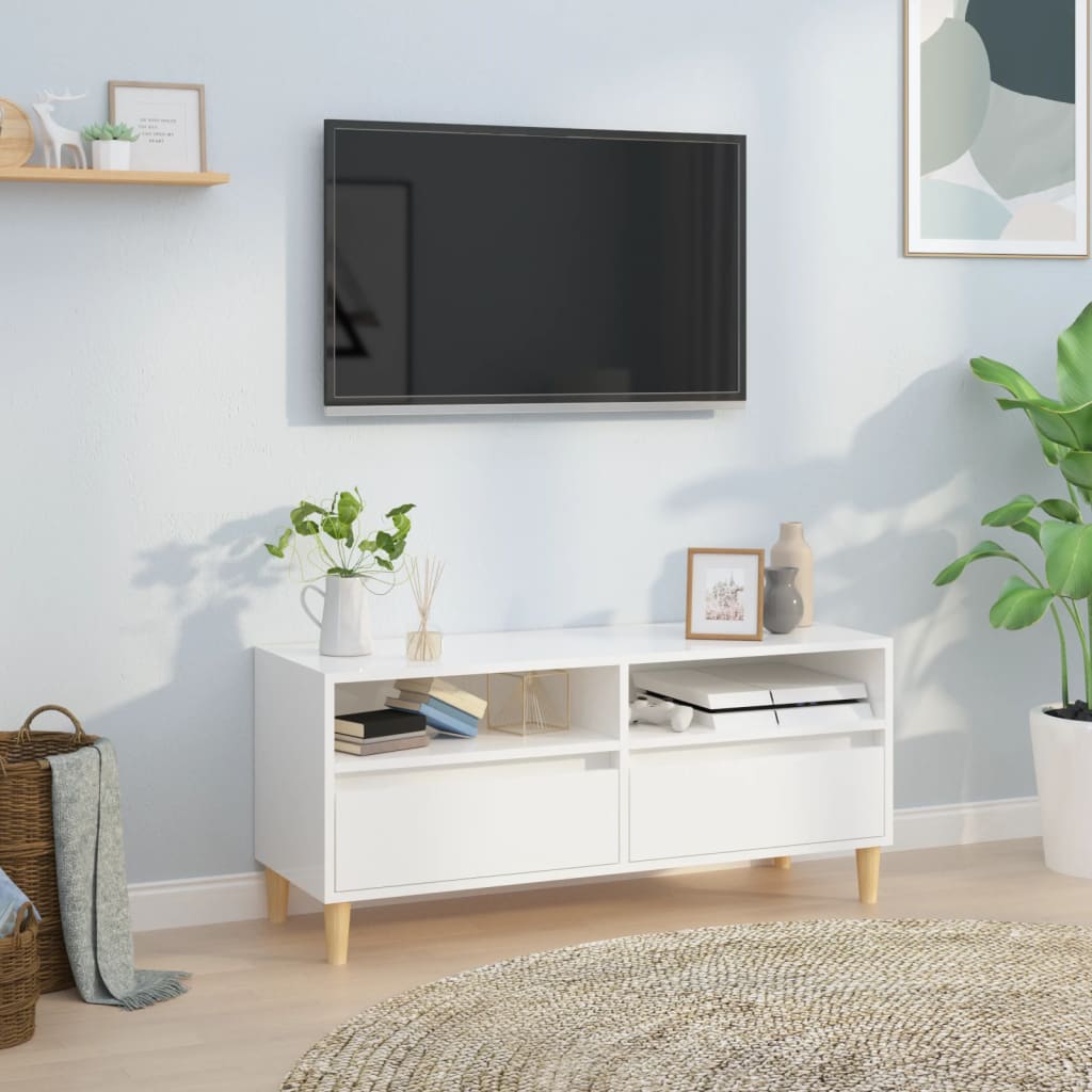 Vetonek Mueble de TV madera contrachapada blanco brillo 100x34,5x44,5cm