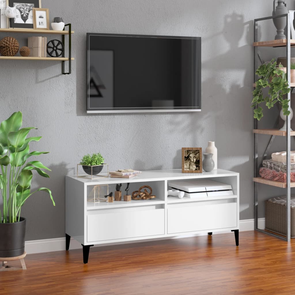 Vetonek Mueble de TV madera contrachapada blanco brillo 100x34,5x44,5cm