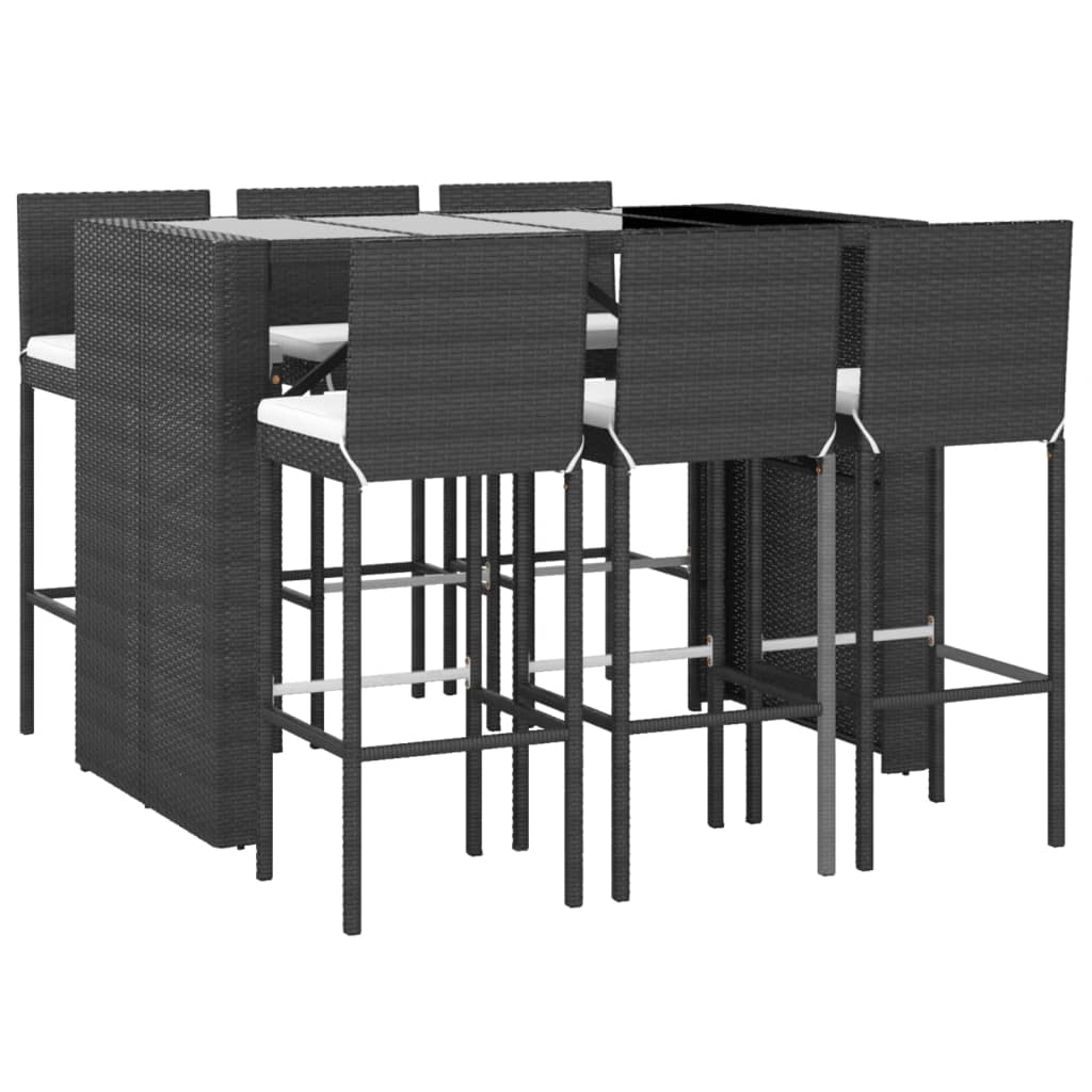 TABLE AND TABURETES HIGH GARDEN AND CUSHES 7 PCAS RATÁN PE BLACK