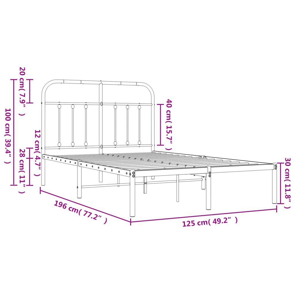 Cama sem cabeceira de metal preto 120x190 cm