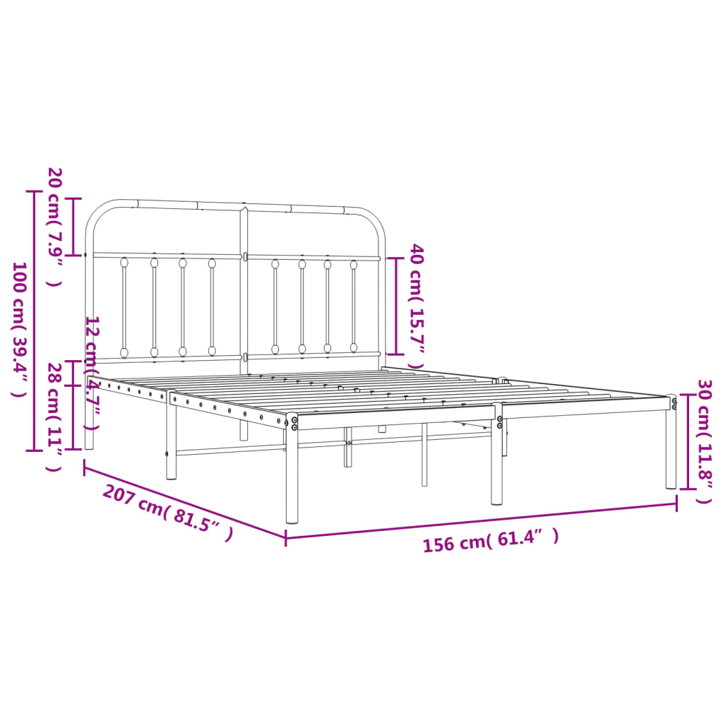 Cama sem preto com cabeceira de metal preto 150x200 cm