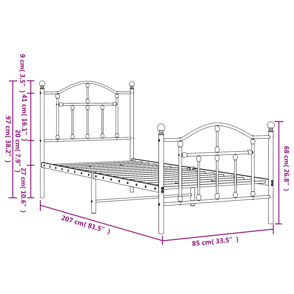 Bed without mattress with white metal stirrup 80x200 cm