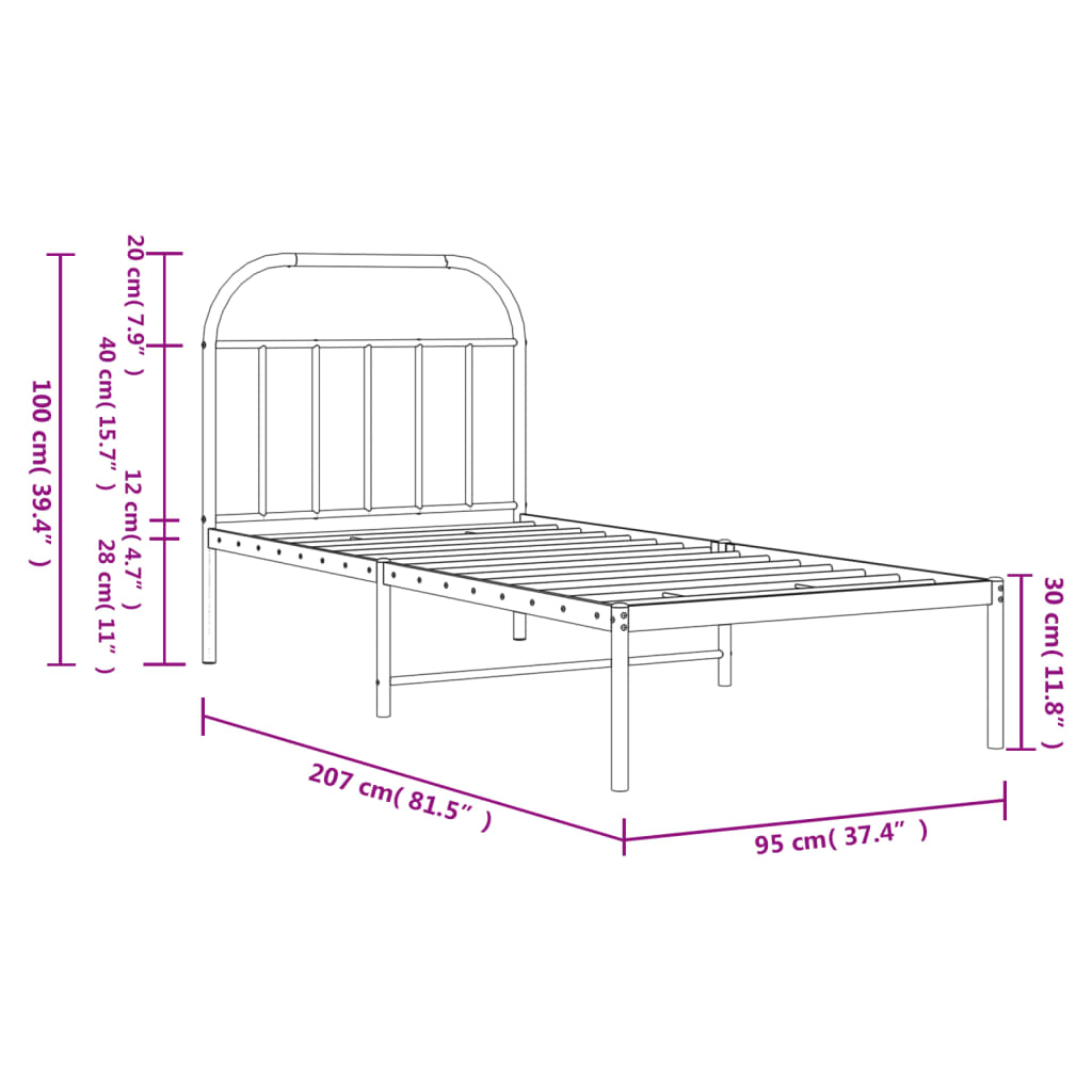 Cama sem preto com cabeceira de metal preto 90x200 cm