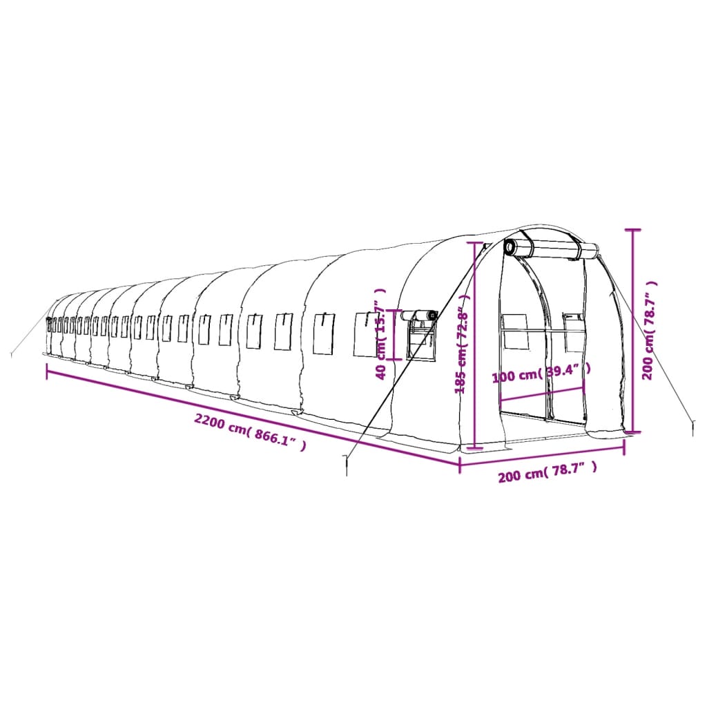 Invernadero con estructura de acero verde 44 m² 22x2x2 m vidaXL