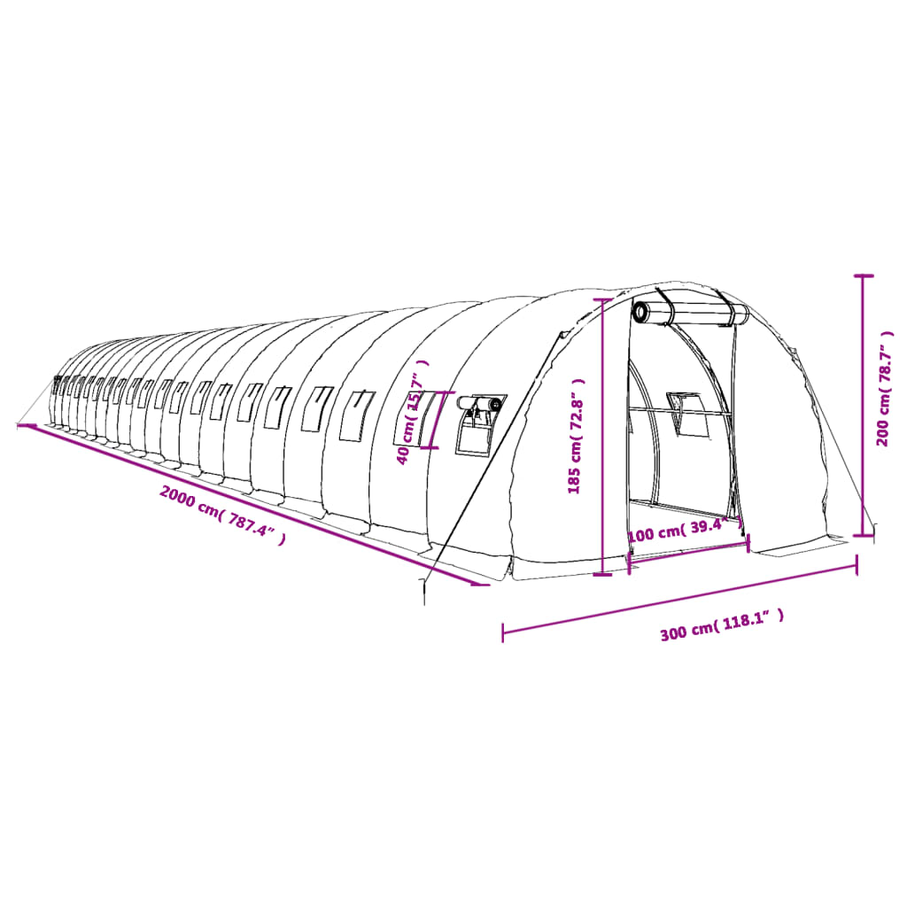 Invernadero con estructura de acero verde 60 m² 20x3x2 m vidaXL