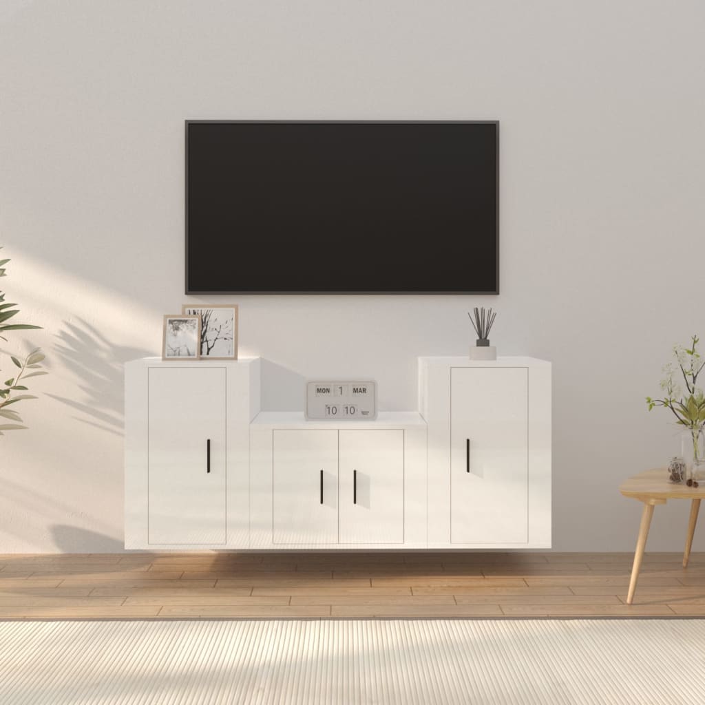 Vetonek Set de muebles de TV 3 pzas madera contrachapada blanco brillo