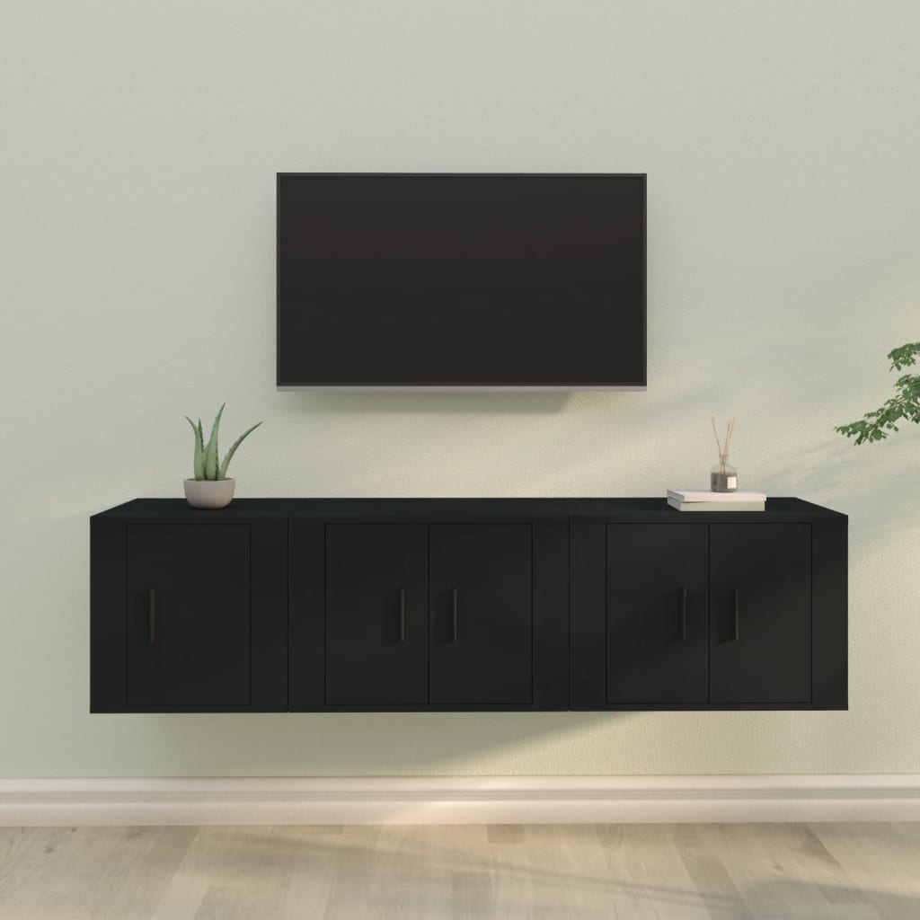 Vetonek Set de muebles para TV 3 piezas madera contrachapada negro