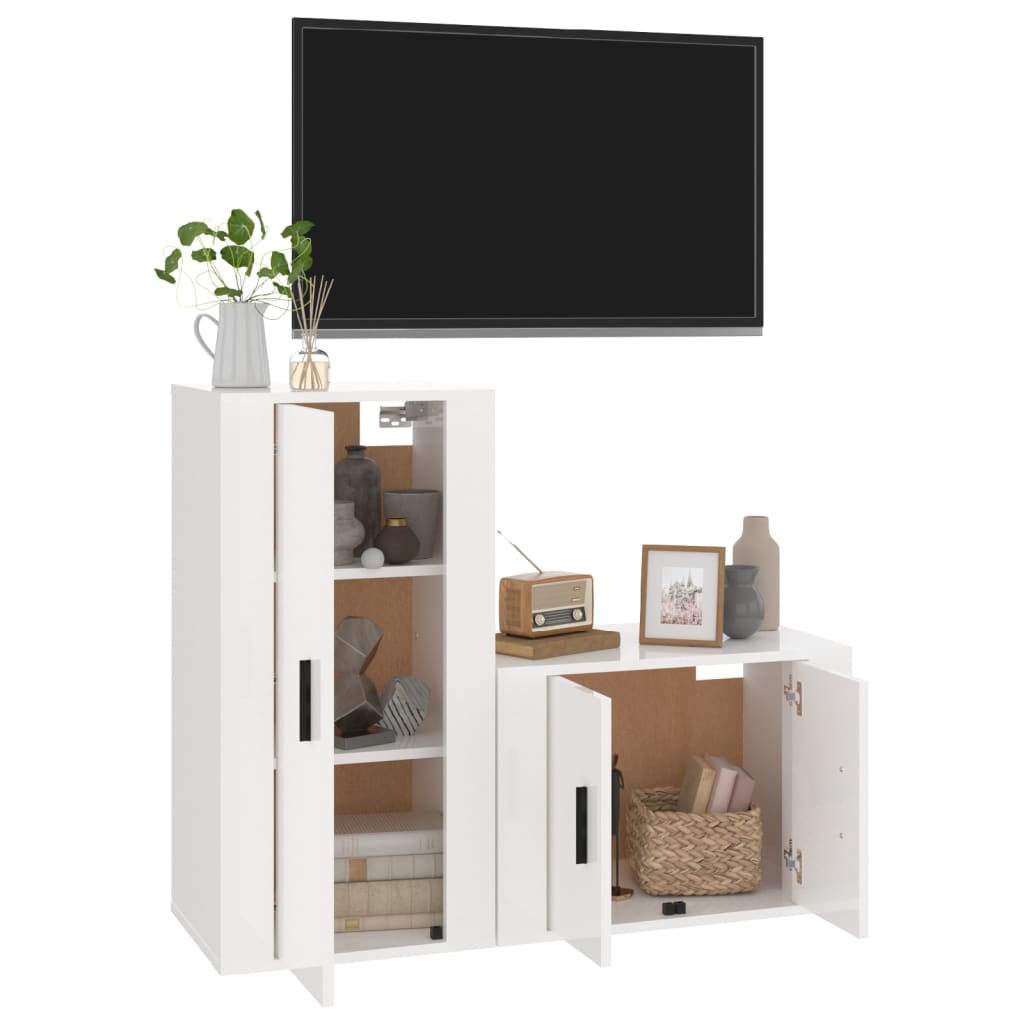 Set de muebles de TV 2 pzas madera blanco brillo