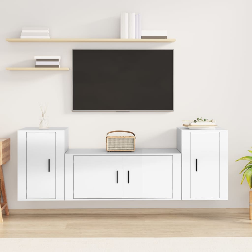 Vetonek Set de muebles de TV 3 pzas madera contrachapada blanco brillo