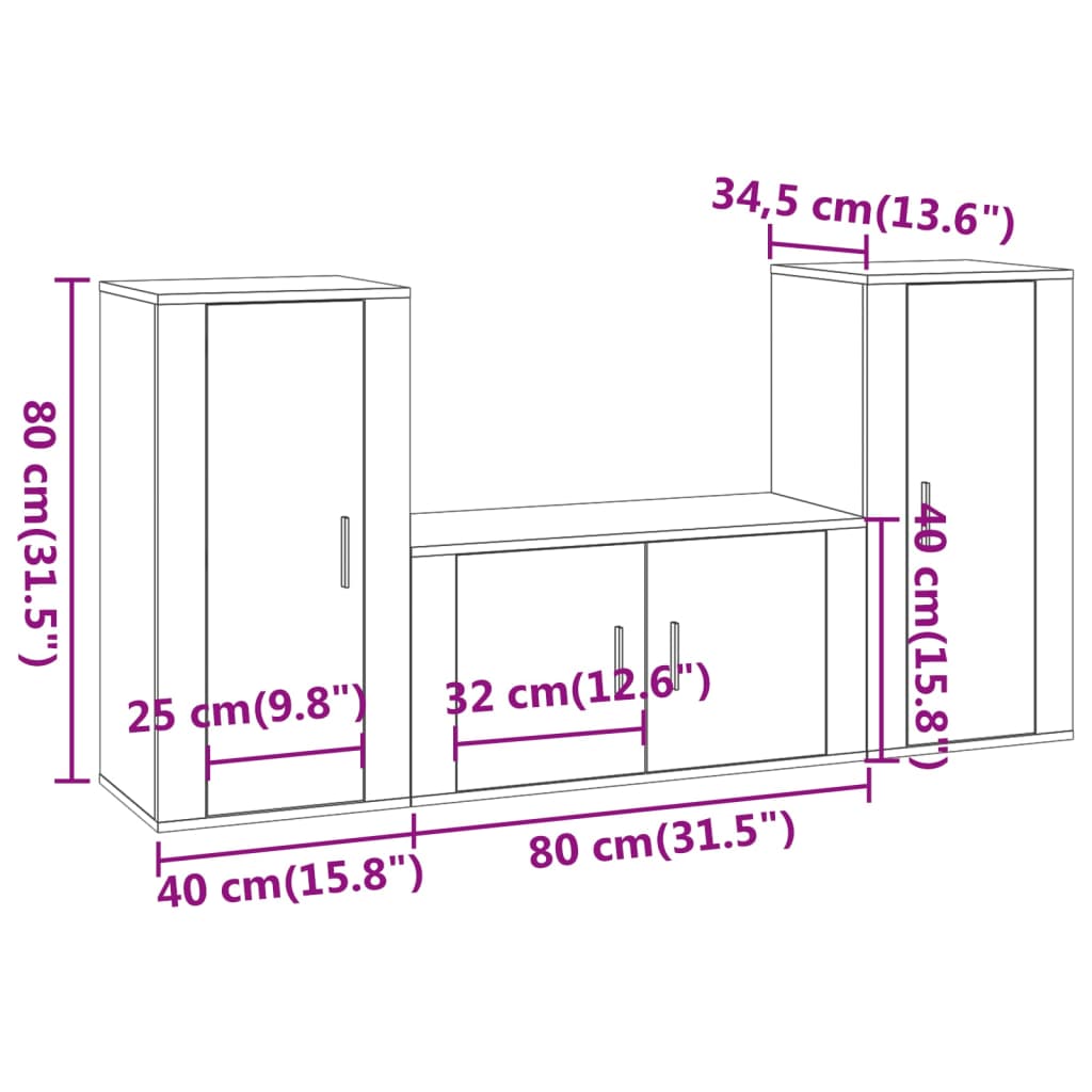 Conjunto de móveis de TV 3 PCs White Wood Shine