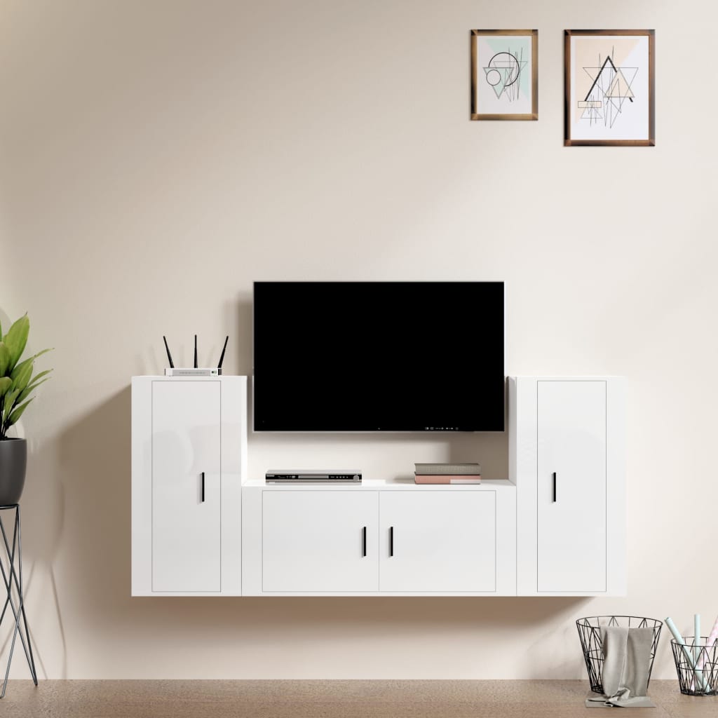 Vetonek Set de muebles de TV 3 pzas madera contrachapada blanco brillo