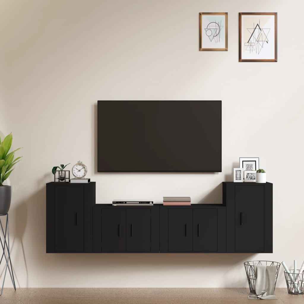 Vetonek Set de muebles para TV 4 piezas madera contrachapada negro