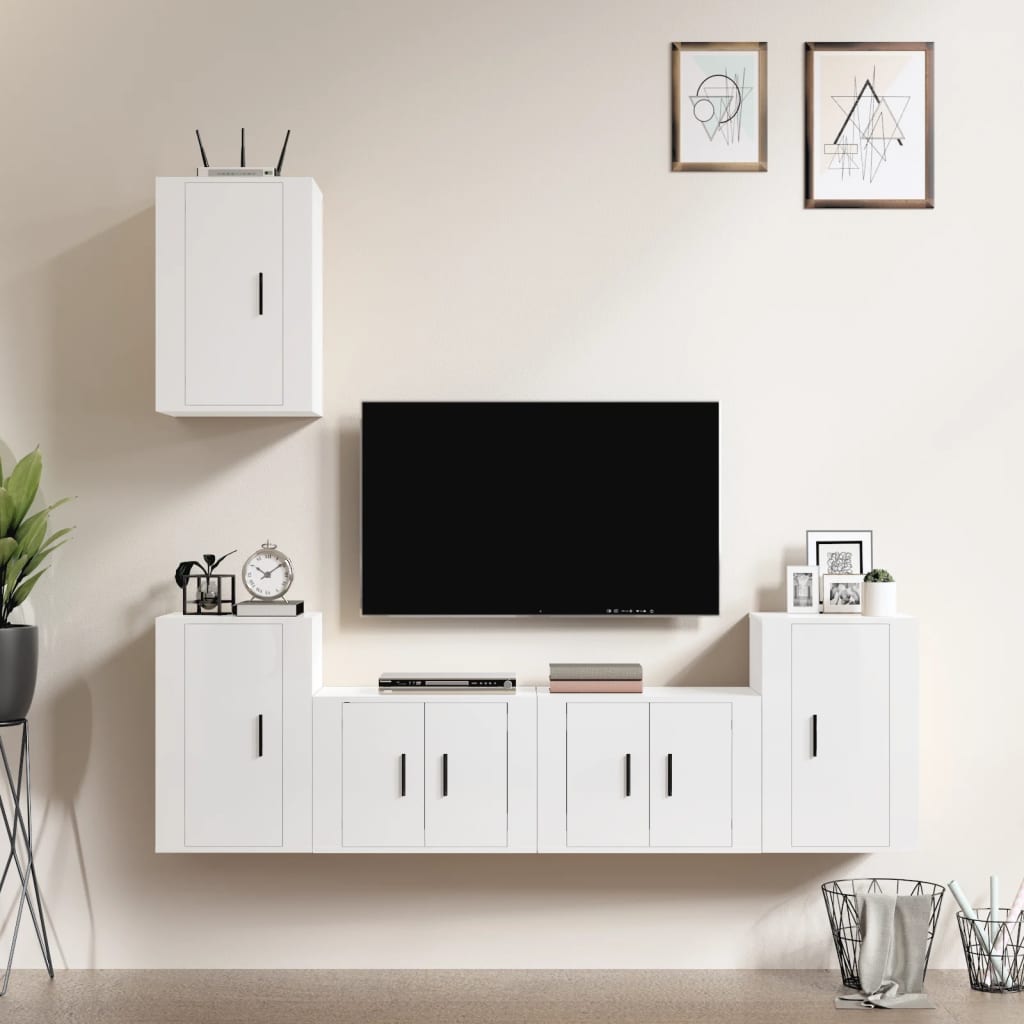 Vetonek Set de muebles de TV 5 pzas madera contrachapada blanco brillo