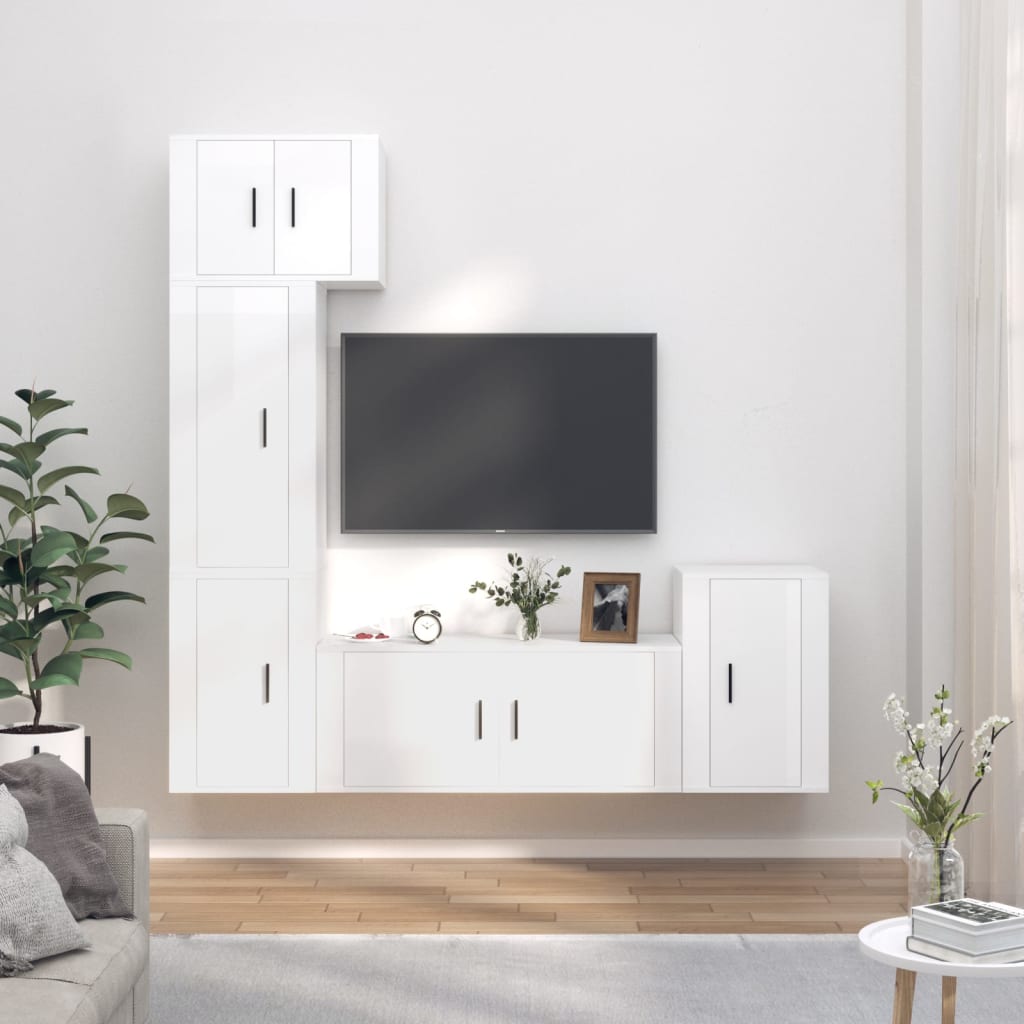 Vetonek Set de muebles de TV 5 pzas madera contrachapada blanco brillo