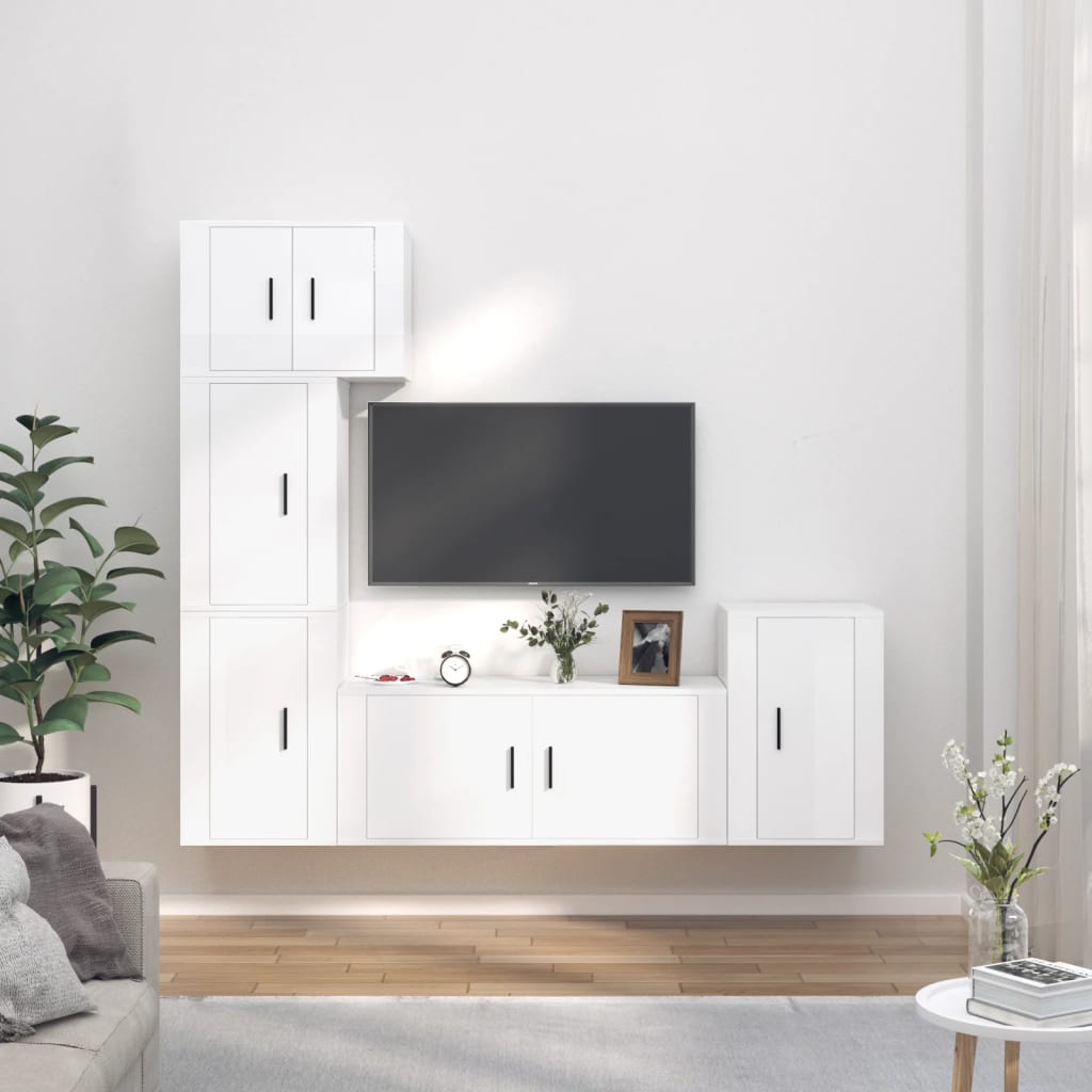 Vetonek Set de muebles de TV 5 pzas madera contrachapada blanco brillo