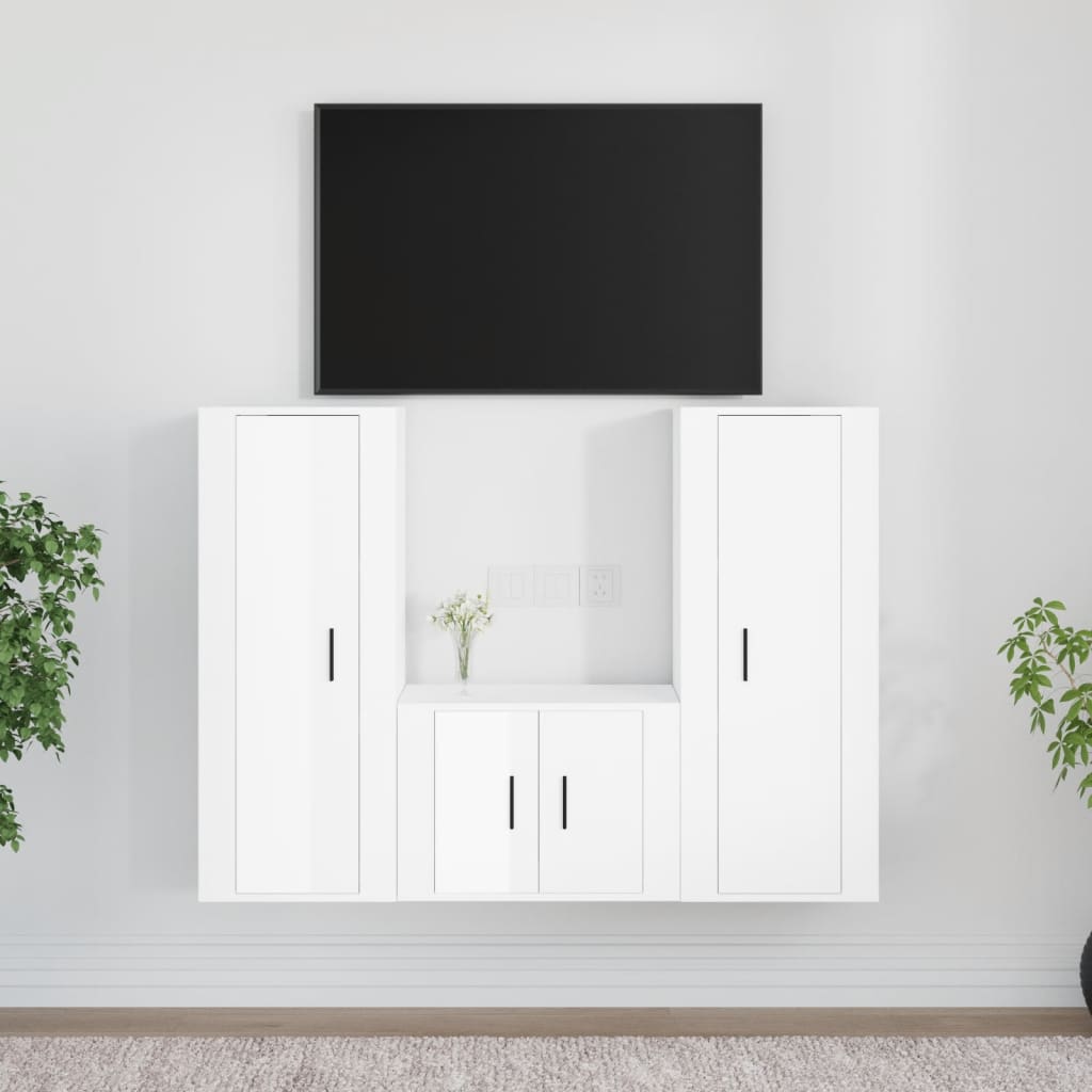 Vetonek Set de muebles de TV 3 pzas madera contrachapada blanco brillo