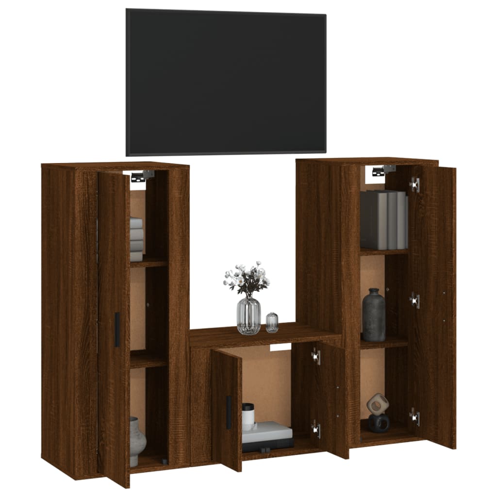 Set di mobili per TV 3 pezzi in compensato in compensato Oak Brown