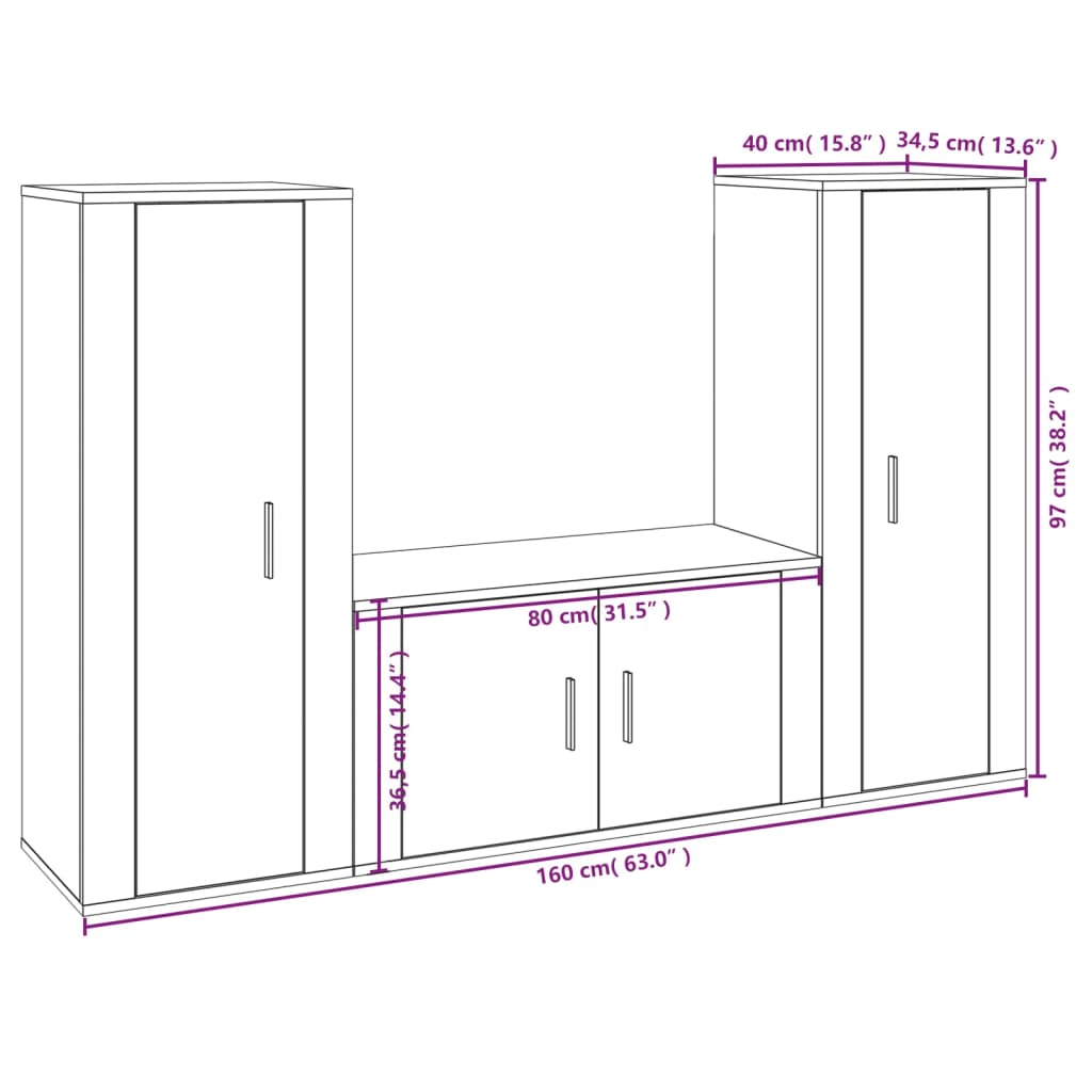 Set de muebles para TV 3 pzas madera roble marrón vidaXL