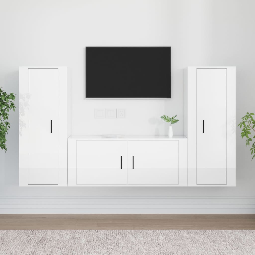 Vetonek Set de muebles de TV 3 pzas madera contrachapada blanco brillo