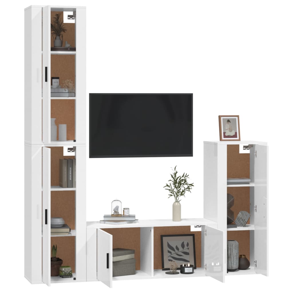 Set de muebles de TV 4 pzas madera blanco brillo