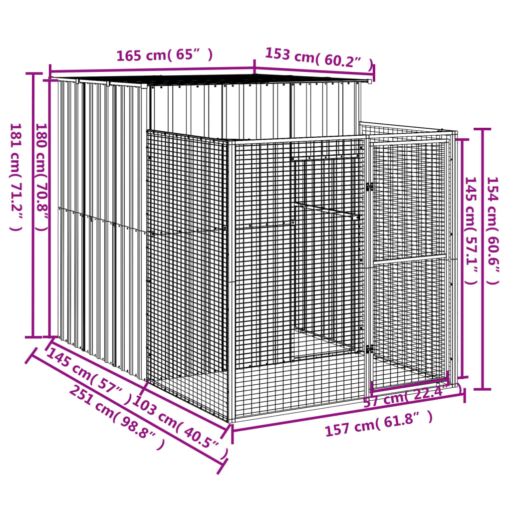 Caseta perros con corral acero galvanizado gris 165x251x181 cm vidaXL