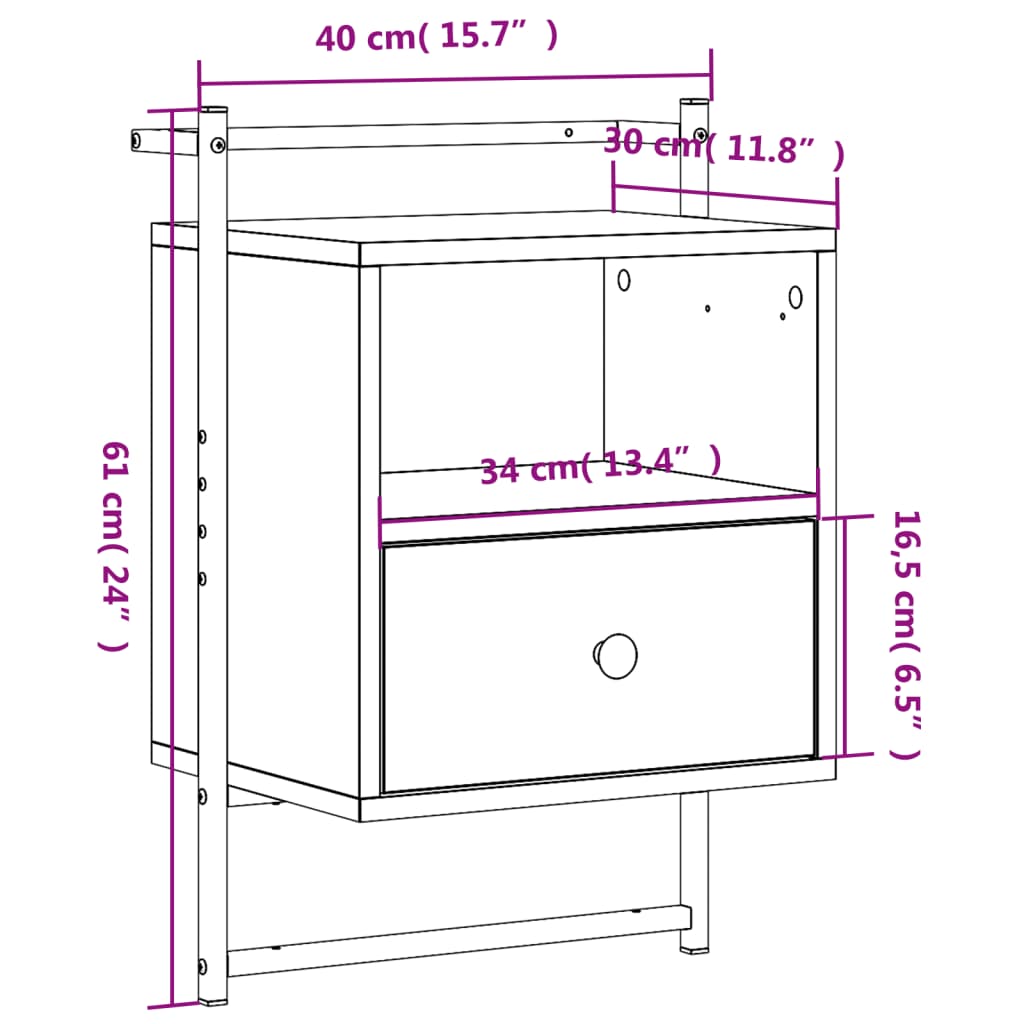 Mesita de noche de pared madera de ingeniería negra 40x30x61 cm