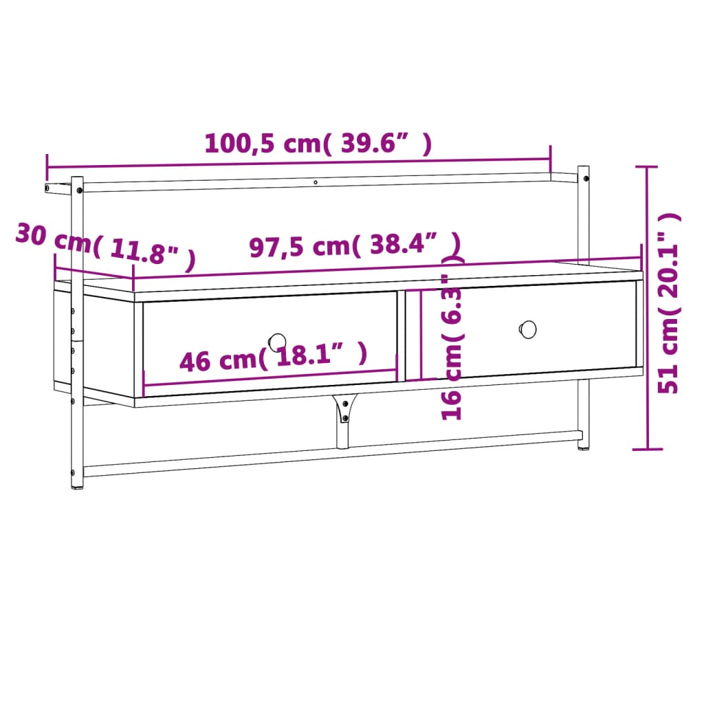 Mueble TV de pared madera sintetizada Nexus roble Sonoma 100,5x30x51cm