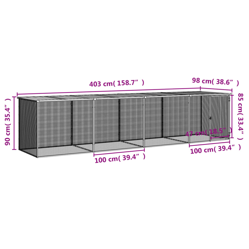 Gallinero con techo acero galvanizado gris claro 403x98x90 cm vidaXL