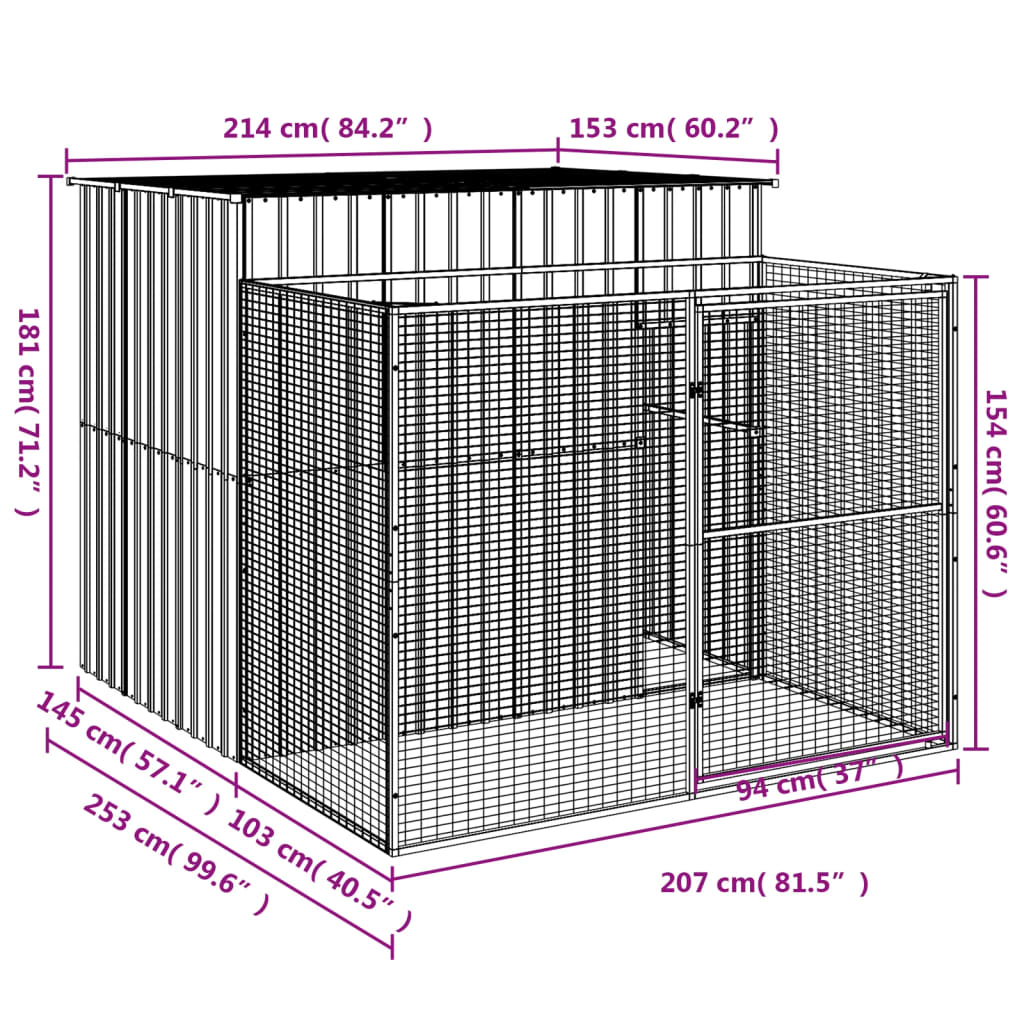 Caseta perros con corral acero galvanizado gris 214x253x181 cm vidaXL