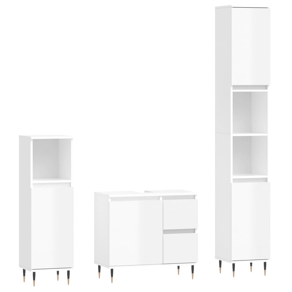 Set muebles de baño 3 piezas madera contrachapada blanco brillo