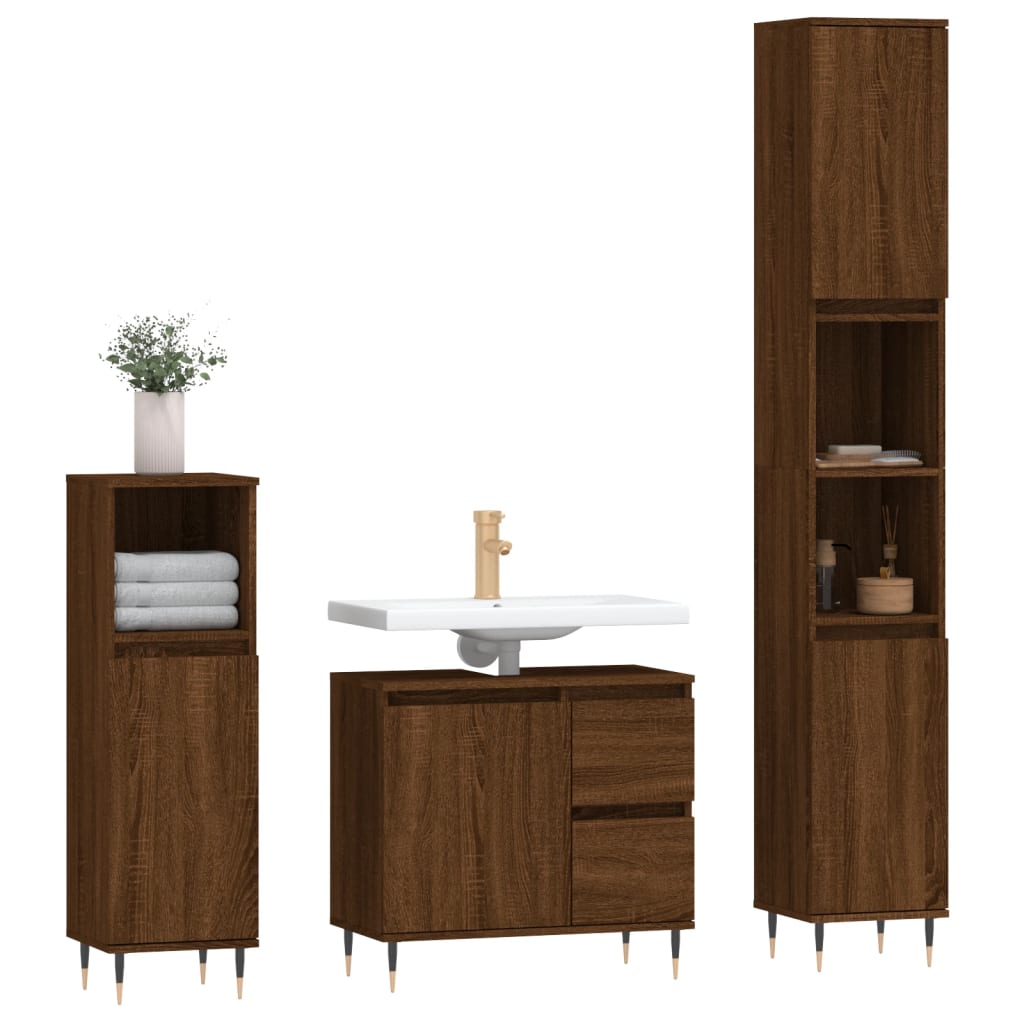 Set de muebles baño 3 pzas madera roble marrón vidaXL