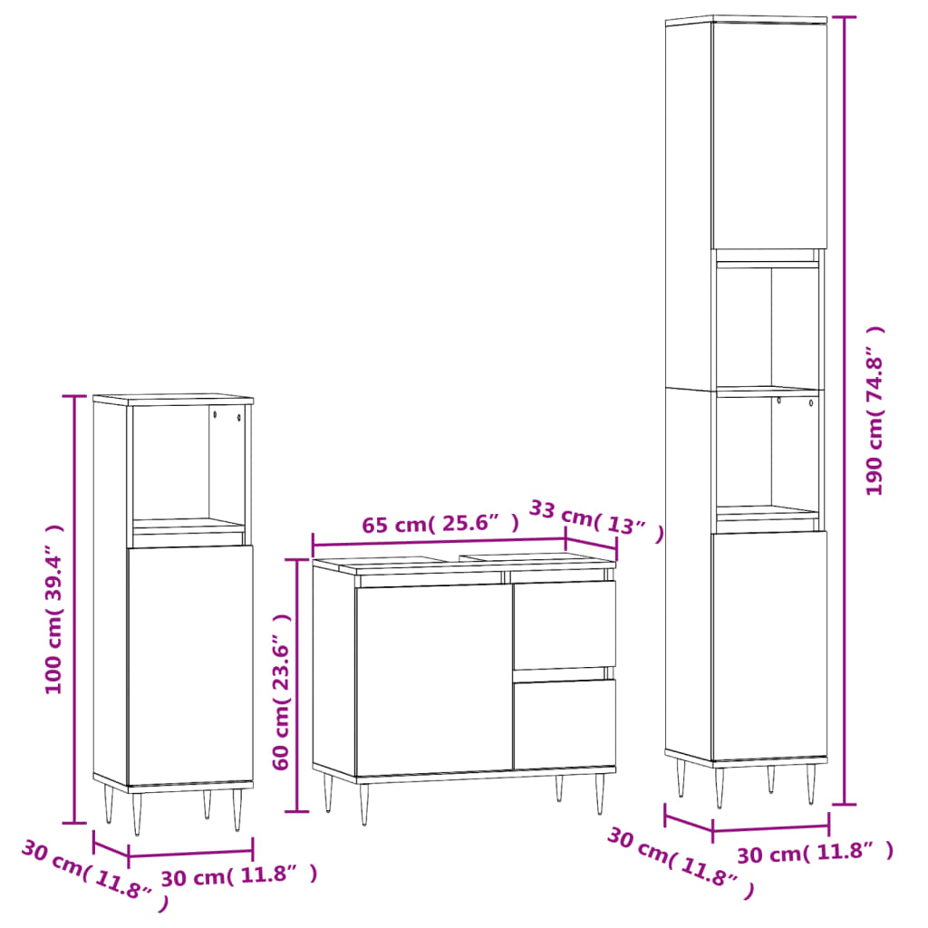 Set de muebles baño 3 pzas madera roble marrón vidaXL