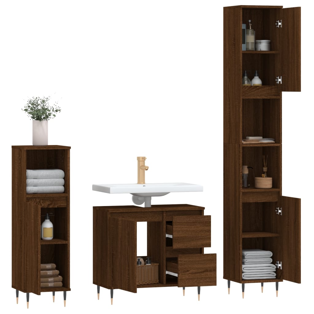 Set de muebles baño 3 pzas madera roble marrón vidaXL