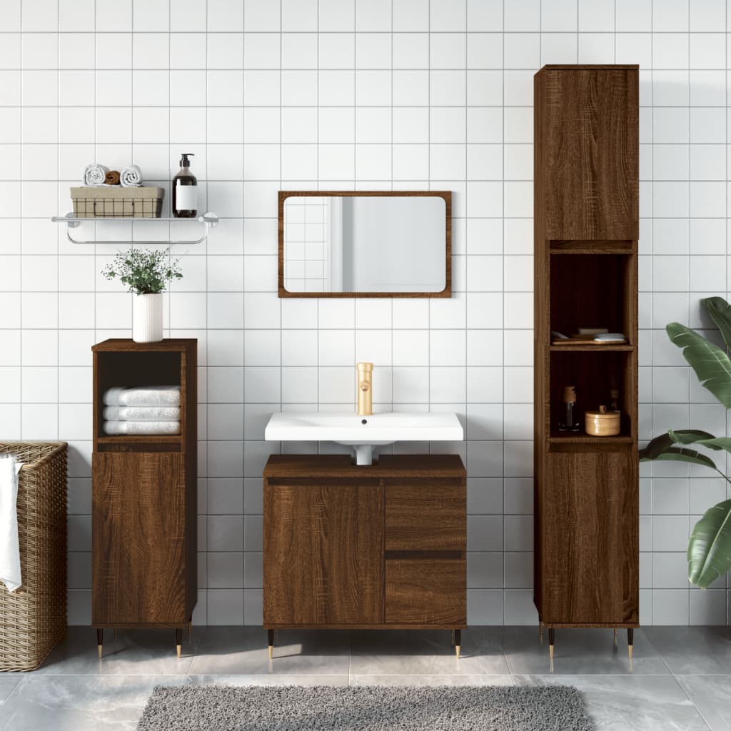 Vetonek Set de muebles baño 3 pzas madera contrachapada roble marrón