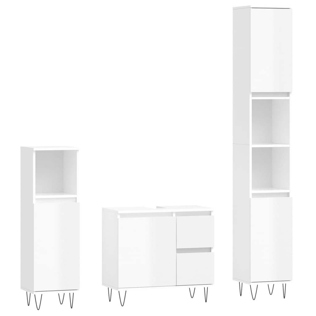 Set muebles de baño 3 piezas madera contrachapada blanco brillo