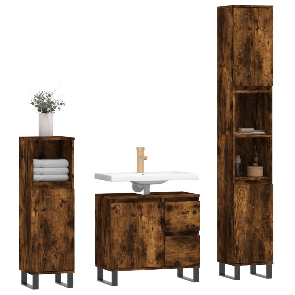 Set de muebles baño 3 pzas madera roble ahumado vidaXL