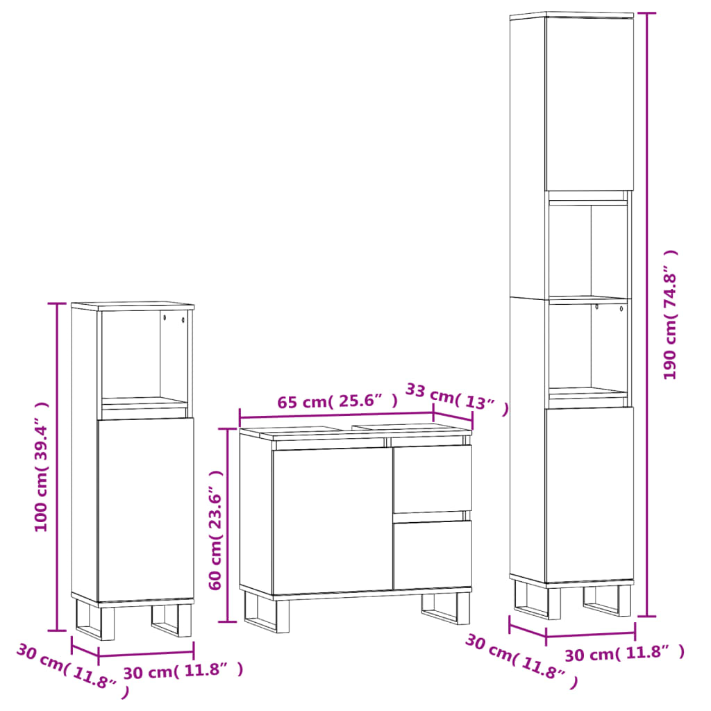 Set de muebles baño 3 pzas madera roble ahumado vidaXL